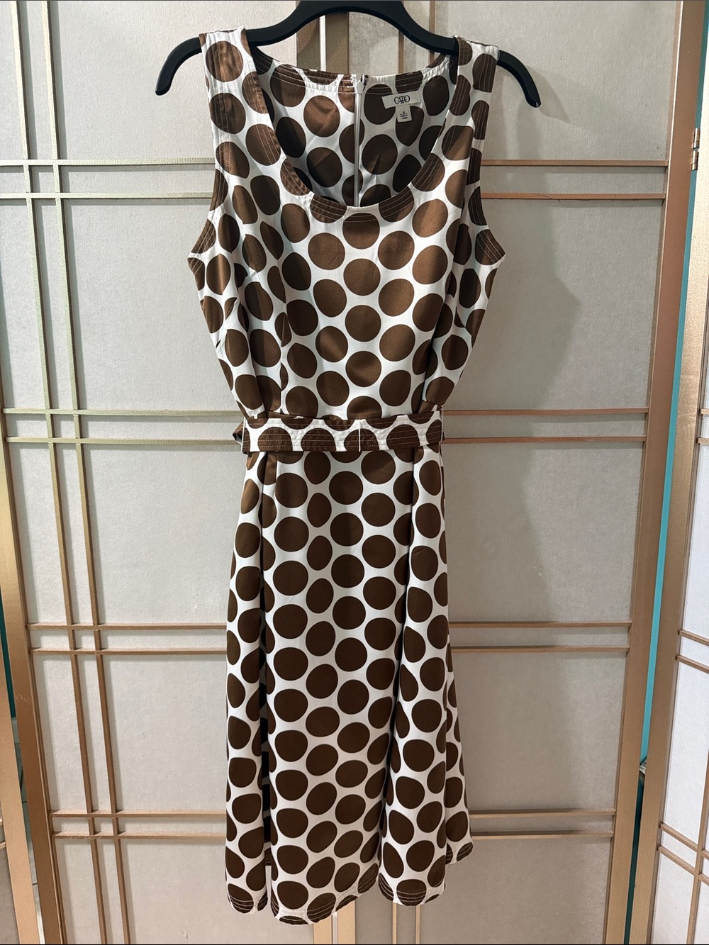 Brown-and-white polka dot, sleeveless, satin dress, women’s size 16